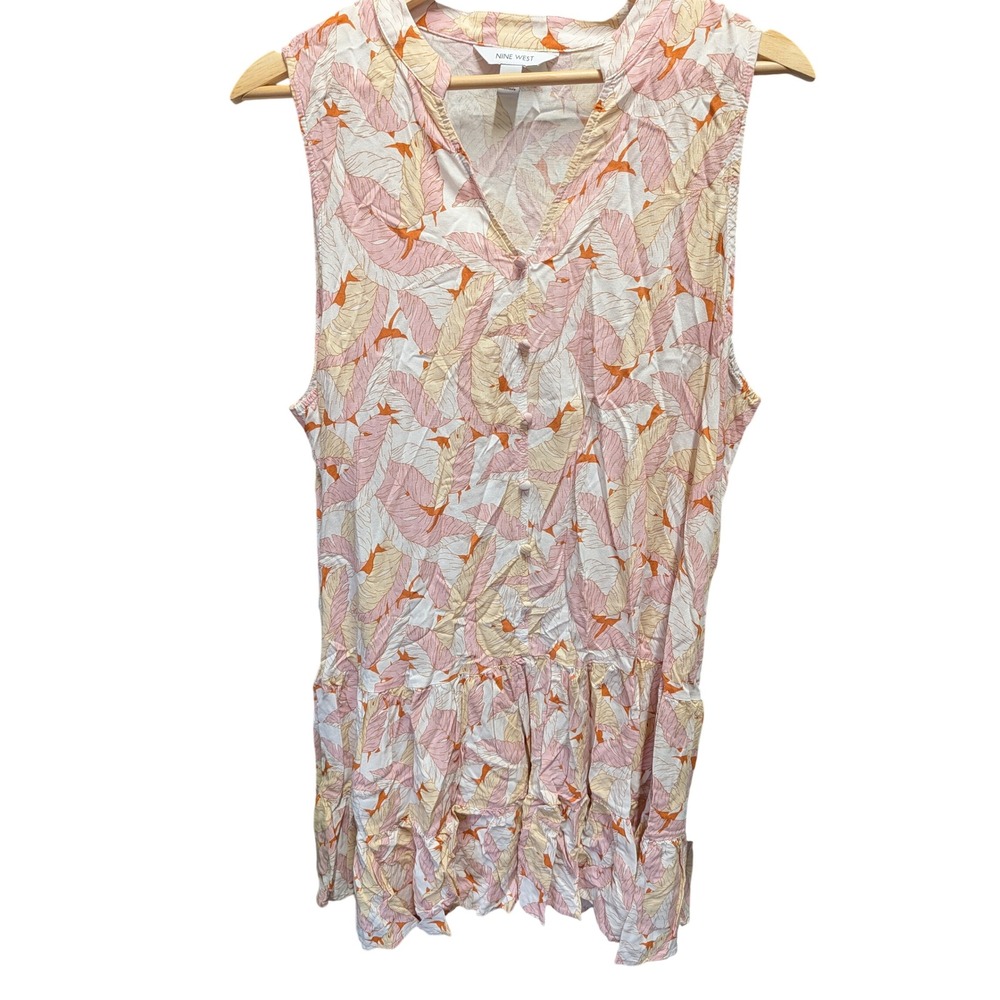 Nine West Tunic Top Womens XXL Pink Orange Excellent Sleeveless Ruffle Leaf